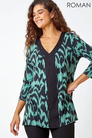 Roman Green Abstract Stretch Jersey Longline Top (Q72364) | £30