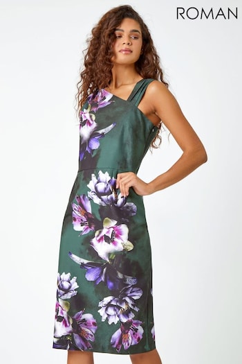 Roman Green Floral Asymmetric Pleat Detail Stretch Dress (Q72375) | £55