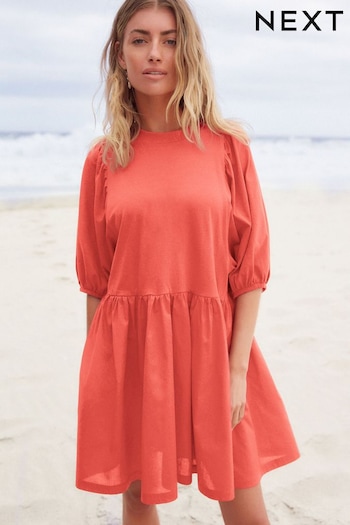 Coral Pink Puff Sleeve Mini Jersey Dress (Q72424) | £25