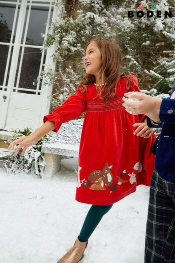 Boden Red Festive Deer Appliqué Smocked Velvet Dress (Q72427) | £52 - £58