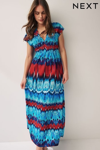 Navy Blue/Red Tie Dye Print Short Sleeve Pintuck Maxi Dress (Q72460) | £52