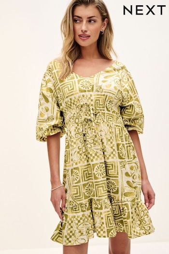 Green Tile Print Puff Sleeve Woven Mix Summer Dress (Q72462) | £28