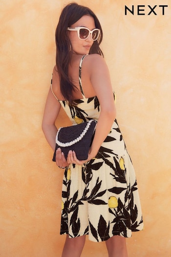 Ecru Lemon Print Textured Tiered Sleeveless Jersey Summer Mini Dress (Q72463) | £32
