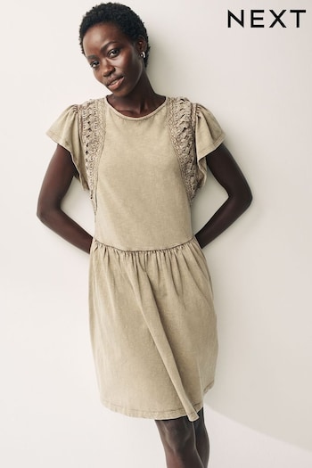 Washed Brown Crochet Trim Short Sleeve Mini Dress (Q72465) | £38