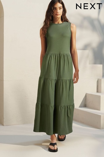 Khaki Green Sleeveless Crew Neck Tiered Summer Maxi Jersey INDICODE Dress (Q72466) | £28