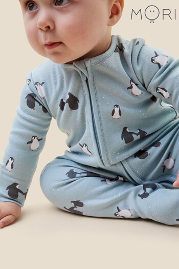 Mori Blue Penguin Organic Cotton Clever Zip Up Sleepsuit (Q72534) | £33