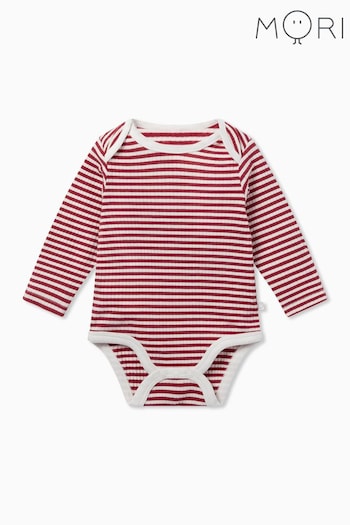 Mori Red Stripe Organic Cotton Long Sleeve Envelope Neckline Bodysuit (Q72535) | £19