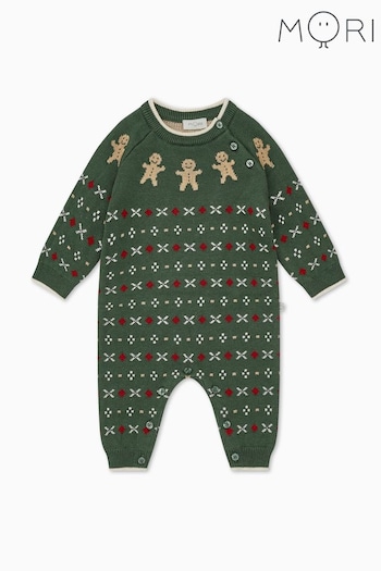 MORI Green Organic Cotton Gingerbread Knitted Christmas Romper (Q72549) | £45