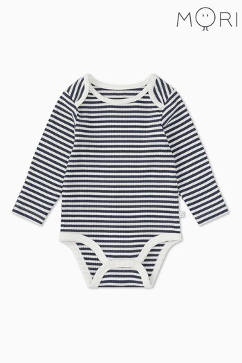 Mori Navy Blue Stripe Organic Cotton Ribbed Long Sleeve Envelope Bodysuit (Q72555) | £19