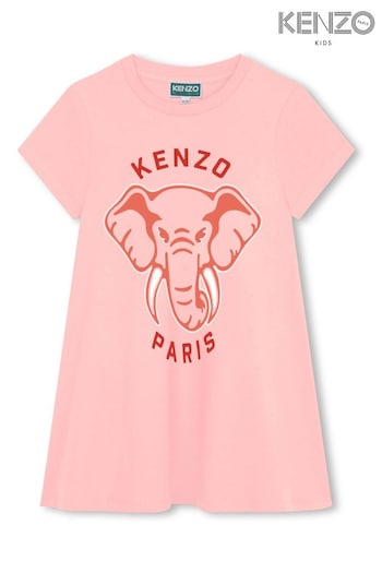 KENZO KIDS pINK Elephant Print Logo Short Sleeve T-Shirt Dress (Q72570) | £105