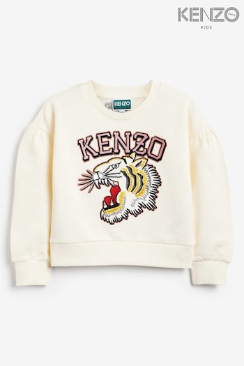 KENZO KIDS Cream Tiger Varsity Print Logo Crew Sweatshirt (Q72572) | £115