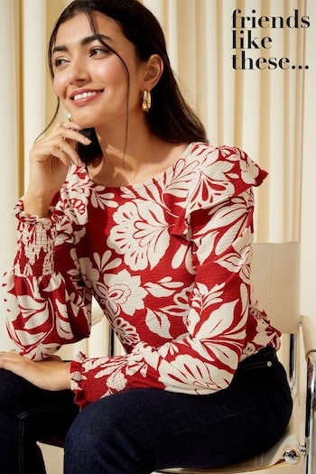 Sweatshirts & Hoodies Red White Floral Long Sleeve Ruffle Detail Textured Jersey Blouse (Q72615) | £29