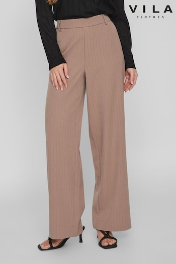 VILA Tan Brown High Waisted Pinstripe Wide Leg Smart Trousers (Q72629) | £45