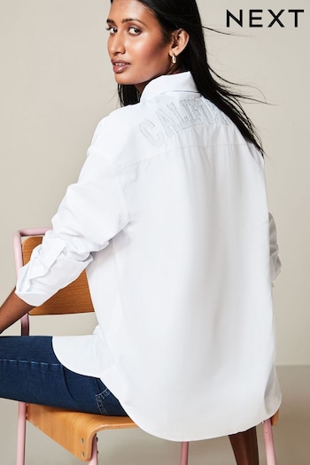 White Embroidered California Slogan Oversized Cotton Shirt (Q72637) | £42