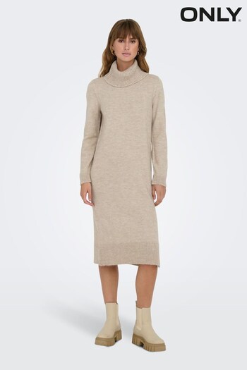 ONLY Cream Long Sleeve Roll Neck Knitted ruch Dress (Q72694) | £36