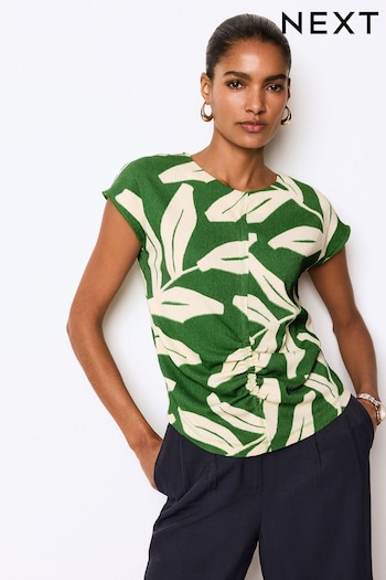 Green Print Short Sleeve Ruched Front Textured T-Shirt (Q72880) | £22