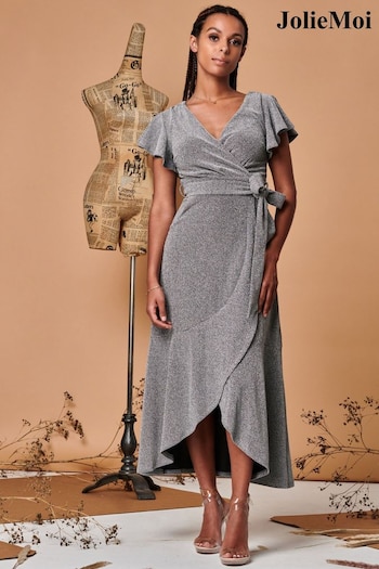 Jolie Moi Silver Metallic Effect Ruffle Hem Maxi Dress (Q72965) | £79