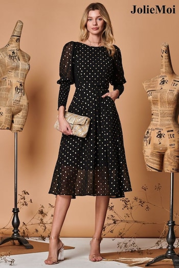 Jolie Moi Metallic Chiffon Puff Sleeve Maxi Black Dress (Q72970) | £75