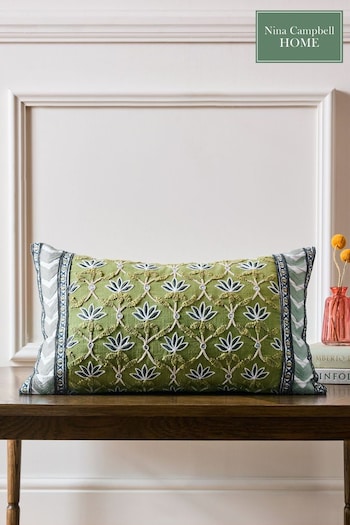 Nina Campbell Green Lotus Trellis Embroidered Feather Filled Cushion (Q73109) | £35