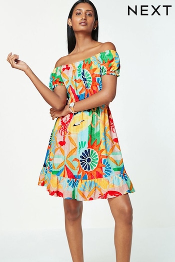 Lobster Print Bardot Puff Sleeve Jersey Summer Printed Dress (Q73188) | £28