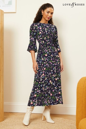 Love & Roses Navy Floral Printed Flute Sleeves High Neck Lace Trim Midi Dress (Q73205) | £58