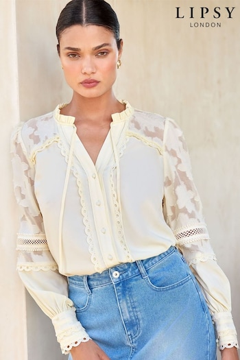 Lipsy Ivory White Long Sleeve Tie Neck Button Through Blouse (Q73212) | £45