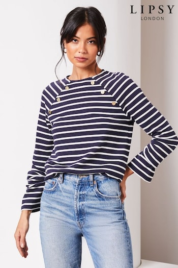 Lipsy Navy/White Round Neck Long Sleeve Button Top (Q73239) | £30
