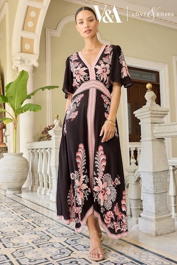 V&A | Love & Roses Pink and Black Printed V Neck Hanky Hem Midi Dress (Q73243) | £59