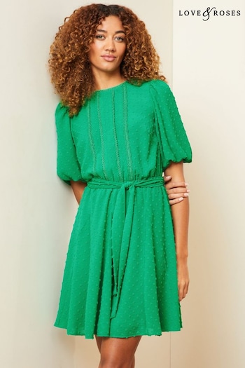 All Beauty New In Green Dobby Puff Sleeve Belted Mini Dress (Q73244) | £50