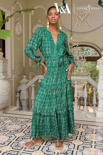 V&A | Love & Roses Green Floral Printed V Neck Metallic Tie Cuff Midi Dress (Q73255) | £76