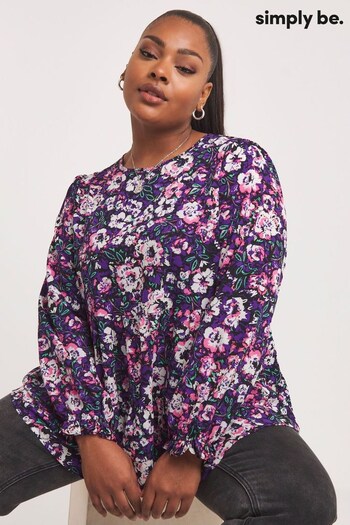 Simply Be Floral Long Sleeve Tiered Smock Purple Blouse (Q73480) | £22