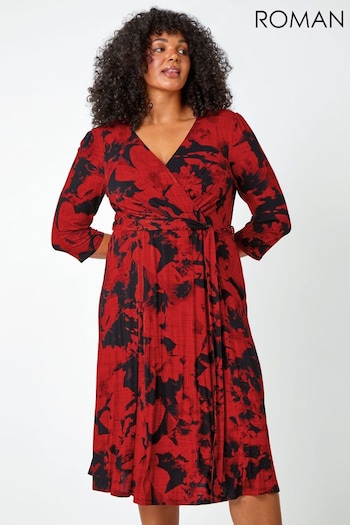 Roman Red Curve Floral Wrap Stretch Midi Dress (Q73499) | £40