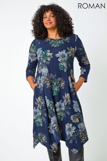 Roman Blue Curve Floral Print Tunic Stretch Dress (Q73520) | £36