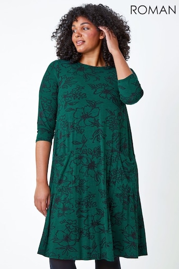 Roman Green Curve Floral Print Swing Stretch Dress (Q73522) | £40