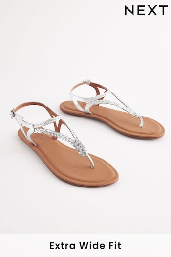 Silver Extra Wide Fit Forever Comfort® Leather Plait Toe Post Flat Sandals (Q73659) | £20