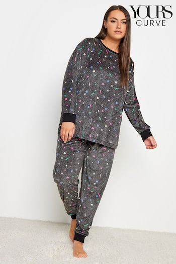 Yours Curve Grey Mini Motif Velour Lounge Set (Q73759) | £29