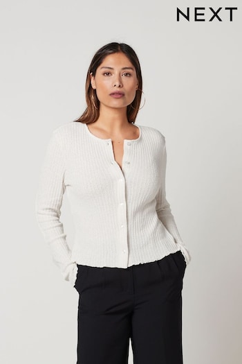 Ecru White Long Sleeve Knit Look Button Detail Cardigan (Q73769) | £26
