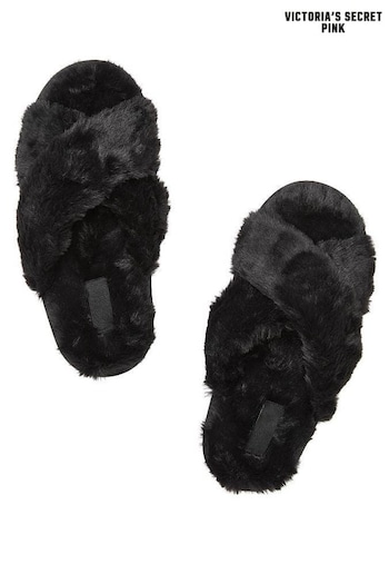 Victoria's Secret PINK Pure Black Faux Fur Crossover Slippers (Q73789) | £20