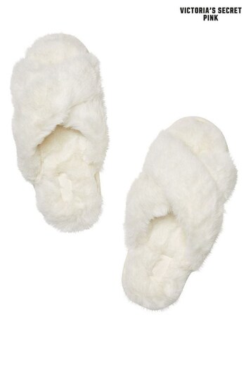 Victoria's Secret PINK Creamer White Faux Fur Crossover Slippers (Q73790) | £20