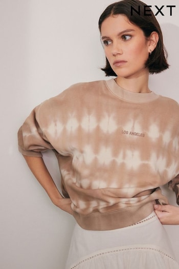 Beige Relaxed Fit Neutral Tie Dye Embroidered Graphic LA Sweatshirt (Q73814) | £32
