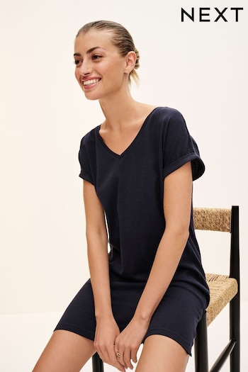 Navy 100% Cotton Relaxed V-Neck Capped Sleeve Tunic Embroidered Dress (Q73847) | £10