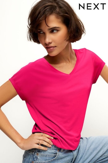 Pink V-Neck Cotton Rich Cap Sleeve T-Shirt (Q73875) | £7.50