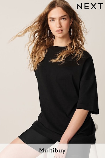 Black 100% Cotton Heavyweight Longline Relaxed Fit Crew Neck T-Shirt (Q73887) | £12