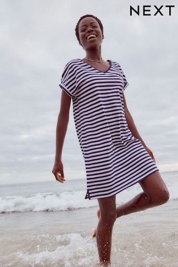 Navy/White 100% Cotton Relaxed V-Neck Capped Sleeve Tunic Ribbed Dress (Q73888) | £12