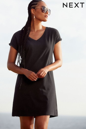 Black 100% Cotton Relaxed V-Neck Capped Sleeve Tunic Dress lace (Q73899) | £10