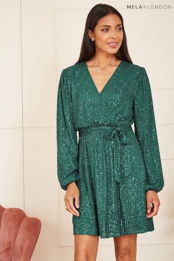 Mela Green Sequin Belted Wrap Long Sleeve Dress (Q73931) | £50
