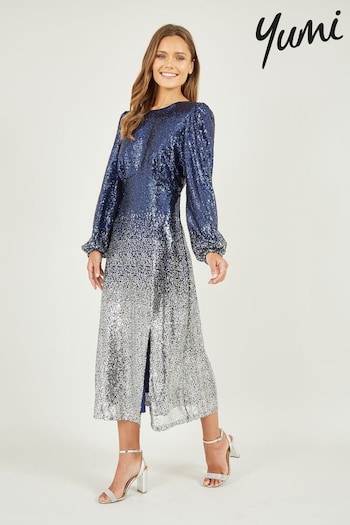 Yumi Blue Sequin Ombre Long Sleeve Midi Dress (Q73945) | £80