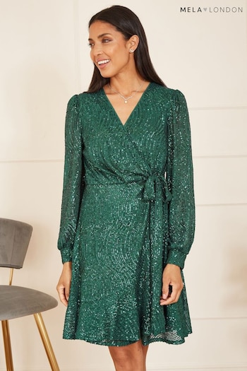 Mela Green Sequin Long Sleeve Frill Wrap Dress (Q73953) | £55