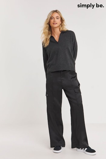 Simply Be Black Satin Cargo Trousers (Q74004) | £34