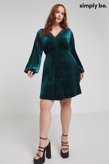 Simply Be Green Velour Lace Trim Skater Dress (Q74011) | £36